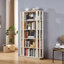 Bibliothèque ovale en bois ouverte, bibliothèque autoportante à cadre en panneau de fibres à densité moyenne, support de rangement à 5 niveaux facile à assembler pour le salon, décoration de bureau à domicile-581312291