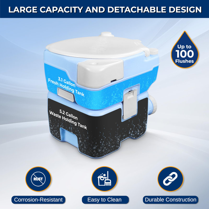 Serenelife 20 Liter Outdoor Portable Toilet With Extra Large Seat, Phone Holder, Detachable Waste Holding Tank, Plastic Funnel, Hand Sprayer, And Flush For Indoor & Outdoor Use (Moonwhite)