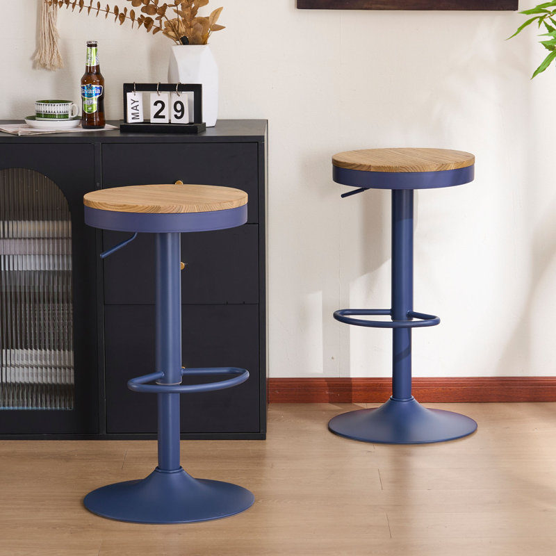 Jaina 15.2" W Solid Wood Swivel Adjustable Height Bar Stool, 2, Brown/Blue
