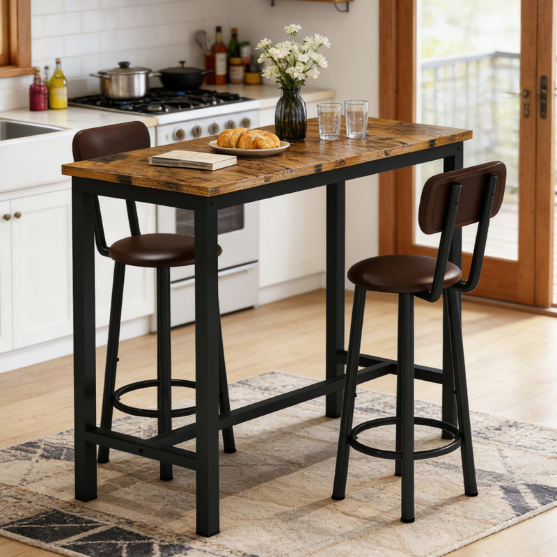 Faux Marble Pub Height Table Set For 2, 3-Piece Rectangular Bar Table And Chairs Set, Space-Saving Counter Height Bistro Table Set With 2 PU Upholstered Stools, Backrest & Footrest For Kitchen, Bistro, Pub, Bar
