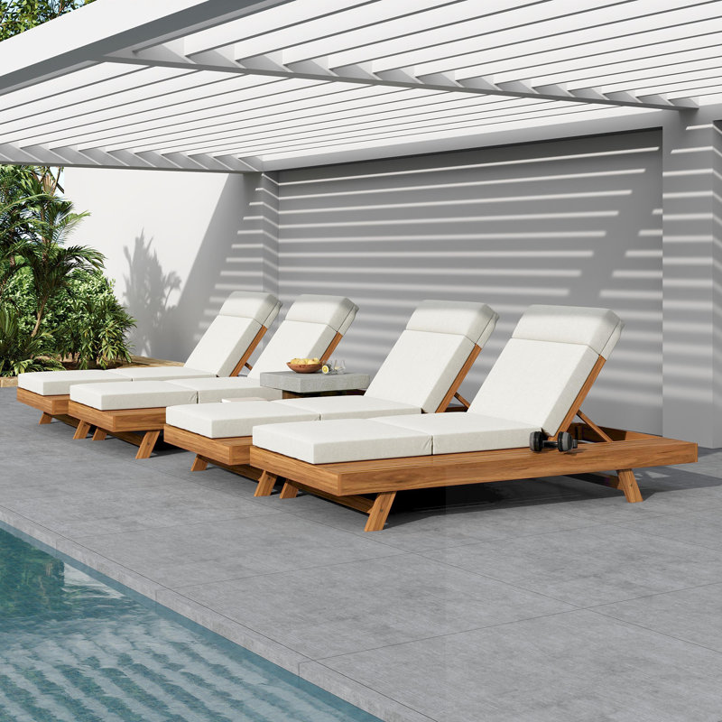 Chaises longues en bois avec coussin moelleux, Crème