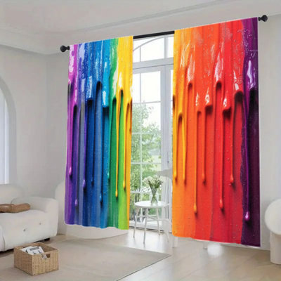 2Pcs rideaux de peinture colorés, gouttes de fenêtre esthétiques arc-en-ciel pour la cuisine du salon, rideau obscurcissant avec passe-tringle