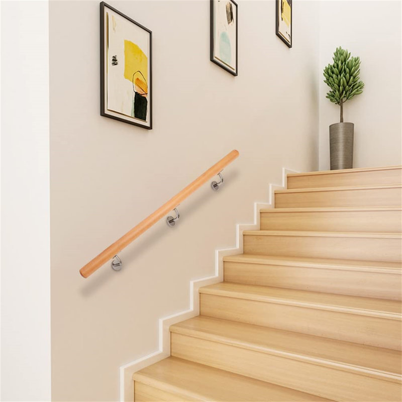 Birdt 1.5M/5Ft Wall Mounted Wooden Stair Railing Handrail, Non-Slip Stair Railing Spindle With Accessories