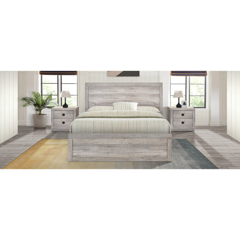 Lit plateforme de style campagnard rétro avec 10 lattes en bois, Blanc rustique, Grand lit
