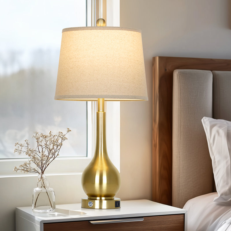 Lampes de table modernes dorées de 26 po avec abat-jour en tissu avoine, ports de charge USB et de type C, ampoules à intensité variable incluses