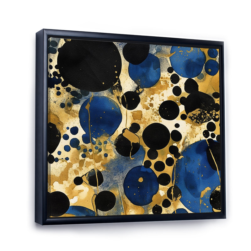 Motif abstrait avec des textures bleues et dorées - Minimalisme, H 16 po x l 16 po x P 1 po, Cadre flottant noir
