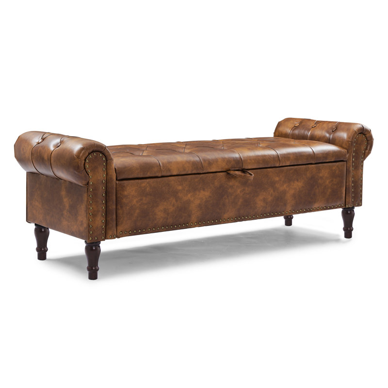 Banc de rangement rembourré Dawsey, H 20,7 po x l 62,4 po x P 20,1 po, Similicuir brun
