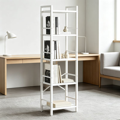 Bibliothèque haute avec traverses latérales pour petits espaces, bibliothèque étroite pour salon, chambre à coucher, bureau, structure en métal et étagères en bois