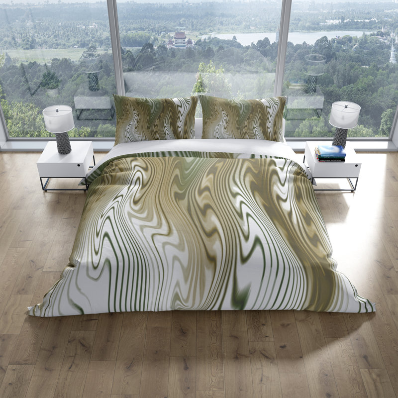 Ensemble de housse de couette ondulé, Housse de couette grand + 2 taies décoratives, Blanc / olive