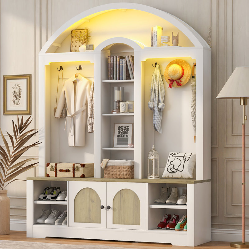 72"H Multi-Functional Wardrobe with Shoe Racks, Hooks & Clothes Hanger, Modern Entryway Storage, White, White/Walnut