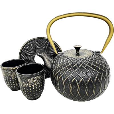  33.8oz Black Cast Iron Teapot With Two 4oz Cups And 1 Trivet Set - Enameled Interior And Stainless Steel Infuser