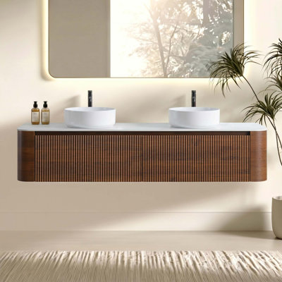Élégant meuble-lavabo à double vasque avec design cannelé incurvé