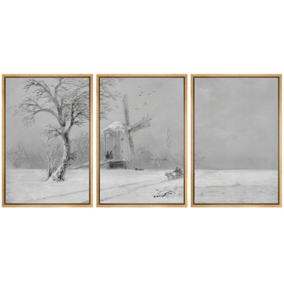 Tableau minimaliste représentant un paysage d'arbres enneigés en hiver, idéal pour le salon. Impression giclée sur toile encadrée, en trois parties.
