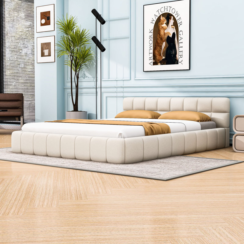 Grand lit plateforme tapissier avec tête de lit et lattes robustes, Beige, Grand lit