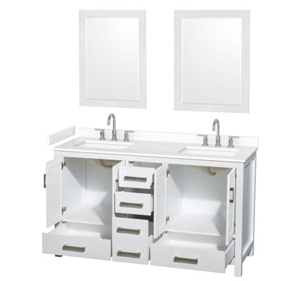 Meuble-lavabo double de 60 po en blanc Sheffield, comptoir en marbre de culture blanc, lavabos carrés encastrés (3 trous), garniture en chrome brossé, miroirs de 24 po