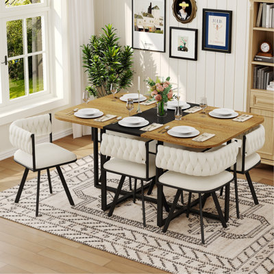 Ensemble de table de salle à manger 7 pièces pour 6, 1 table et 6 chaises rembourrées en velours beige, table en mélamine grain de bois noir et bois, ensemble de coin de cuisine capitonné moderne pour salle à manger, appartement et petit espace