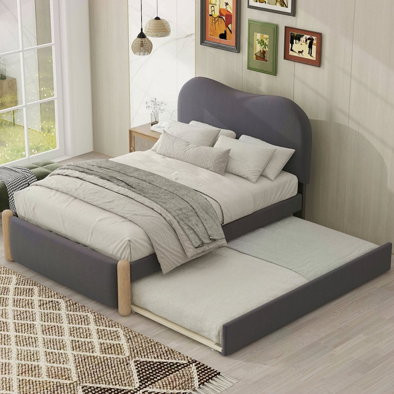 Lit plateforme tapissier avec pieds et gigogne en bois, Gris, Lit simple