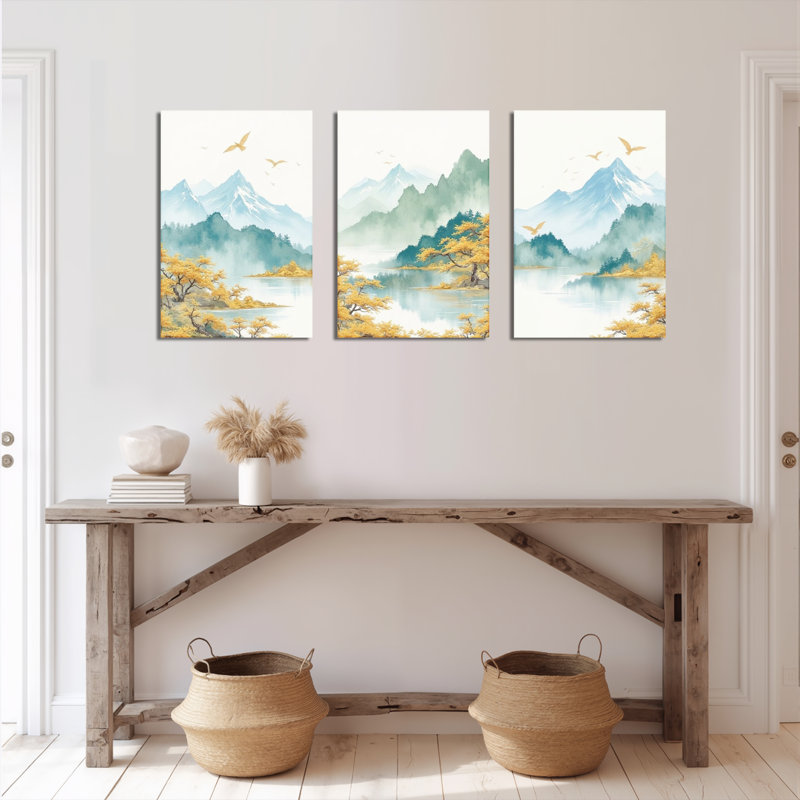 «Mountain Landscape with Autumn Trees and Birds», reproduction d'art sur toile tendue sur toile (ensemble de 3)