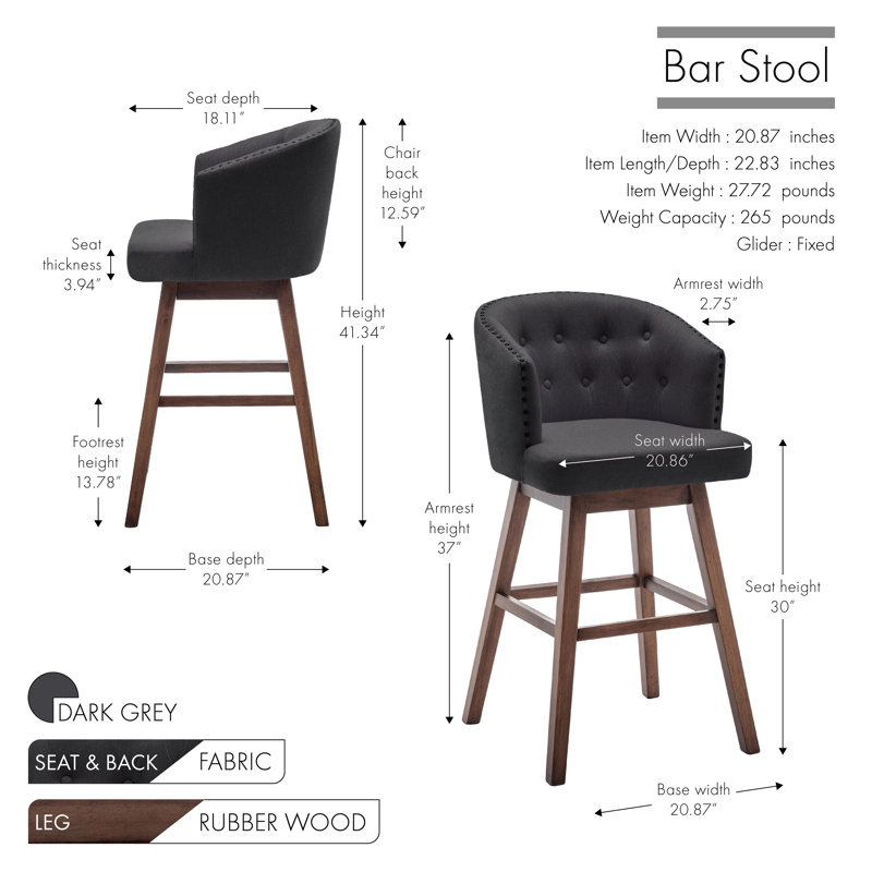 Tabouret de bar Arlisa, Gris foncé, Tabouret de bar (siège d’une hauteur de 30 po)