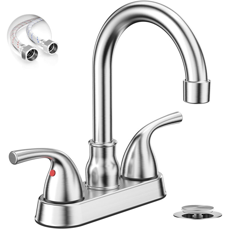 Brushed Nickel 4 Inch Centerset Bathroom Sink Faucet,2 Handles 2 Or 3 Hole Farmhouse Vintage Bathroom Faucet,With 360 Swivel Spout, Metal Pop-Up Drain And Water Supply Lines