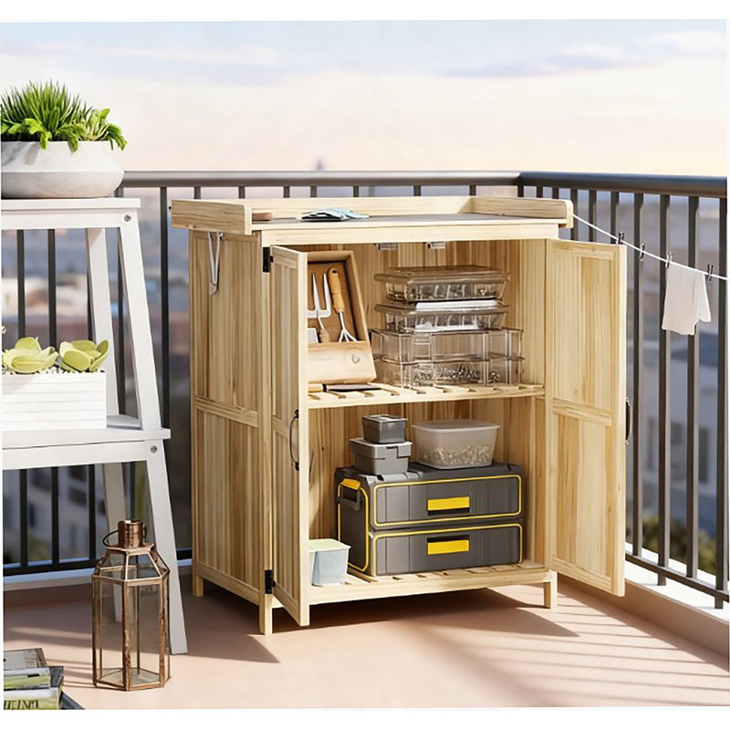 Outdoor Storage Cabinet With Shelf And Metal Tabletop, Natural Wood