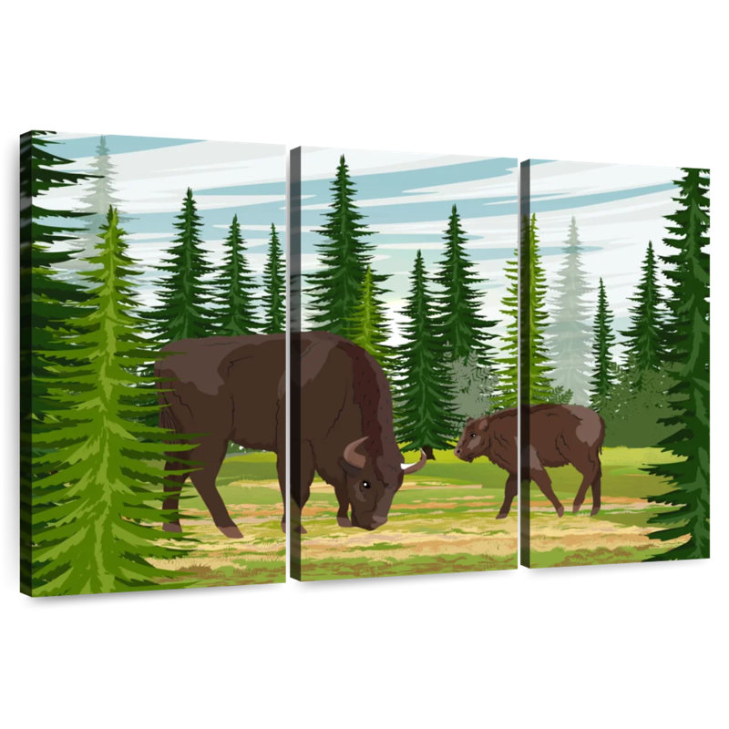 Brampt broutant bison et veau, H 48 po x l 74 po