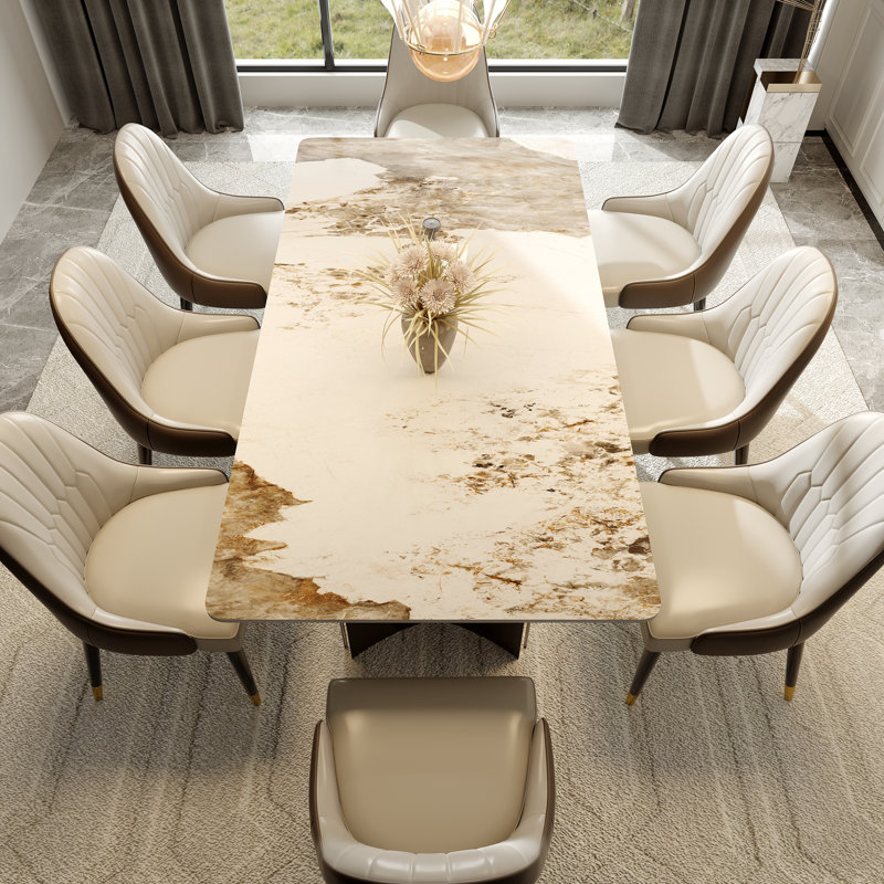 Table de salle à manger pour 6 à 8 personnes, avec plateau rectangulaire en pierre frittée et base en acier gris acier