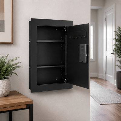 22.1"H 3‑Tier Hidden Wall Safe Q235 Cold‑Rolled Steel, Fingerprint Password Key Knob Access with Adjustable Shelves & Key Hooks Inside