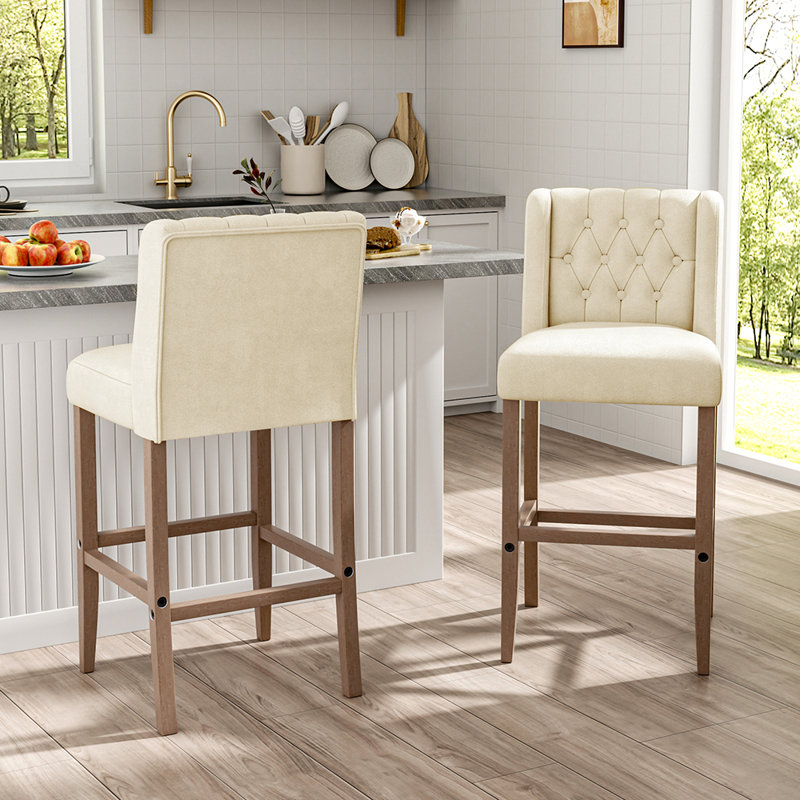 Upholstered Counter Stool with Solid Wood Frame, Beige