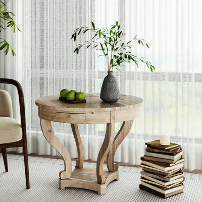 Table basse ronde Style, petite taille, pieds courbés, finition patinée, bois naturel, 2 tiroirs de rangement et placage en bois de sapin, style placage, avec placage, pour la salle à manger