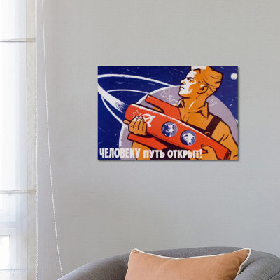 Soviet Space Poster Featuring Space Dogs, Belka and Strelka, in a Rocket Being Held by a Man 1 Piece Wrapped Canvas Wall Art