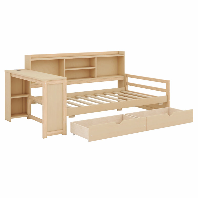 Corner Daybed with Desk, Storage Drawers, Charging Port & Shelves, Natural