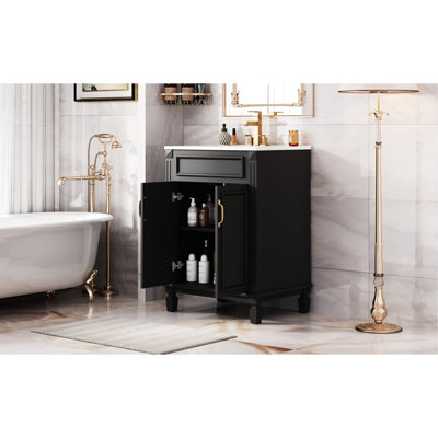 Meuble-lavabo moderne de 24 pouces avec lavabo supérieur, structure en bois massif et grand espace de rangement rectangulaire noir pour les planches de rangement, style rétro, deux portes, optimisation du rangement