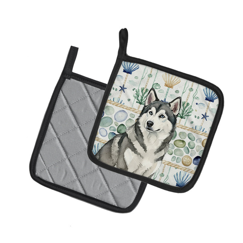 Grey and White Alaskan Malamute Coastal Sea Glass Pair of Pot Holders