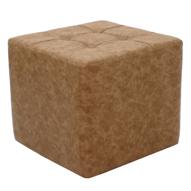 Distressed Tufted Square Ottoman, Tan Polyurethane