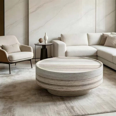 Table basse ronde de 31,5 pouces avec texture de pierre naturelle, idéale pour le salon et les moments de détente en famille