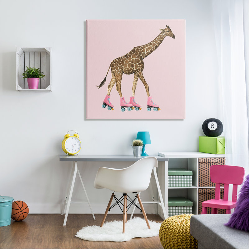 " Funny Giraffe Wearing Roller Skates Cute Pink Design " by Grace Popp, Canvas, 36" W x 36" H