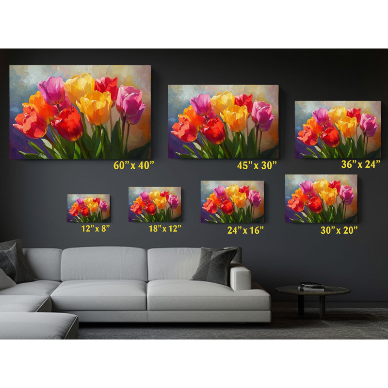 Impression sur toile de tulipes colorées dans des tons de rose, jaune, orange, rouge et mauve sur fond doux - œuvre d'art florale parfaite pour la décoration intérieure, reproduction de peinture