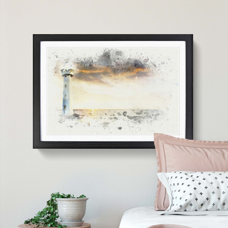 Lighthouse & Seascape Evening Glow in Abstract - Picture Frame Graphic Art Print, 36cm H x 48cm W x 2cm D, Black Framed