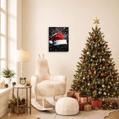 Winter Christmas Santa Hat Snowflake Canvas Wall Art Framed 8x10 Christmas Santa Decor, Moody Snowy Christmas Wall Decor Poster Prints Artwork for Home Bedroom Living Room