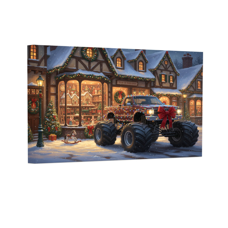 Camion monstre de Noël devant un magasin de jouets, H 12 po x l 18 po