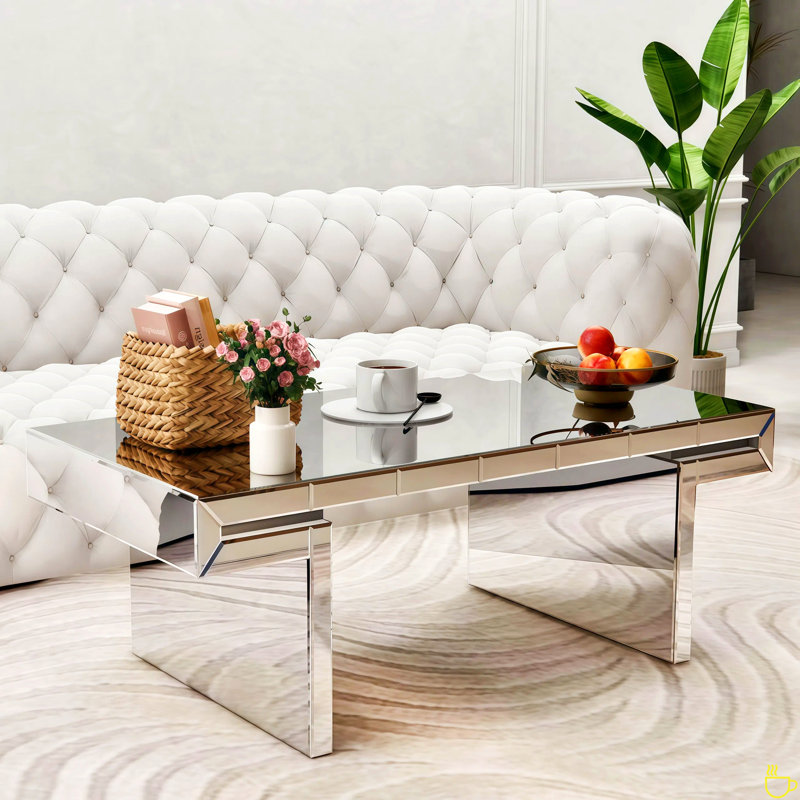 Rectangular Mirror Coffee Table With Fluted Tempered Glass, Modern Sofa Side Table