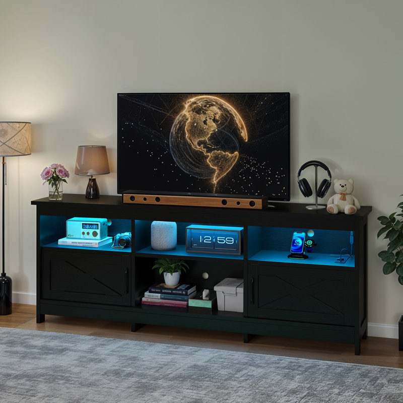 Mercato 70 " Modern Farmhouse TV Stand Media Console Media Center with LED Light and Charging Station, Black