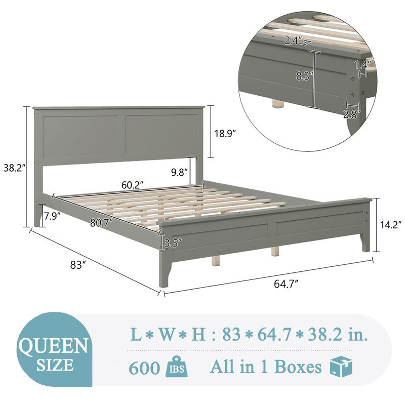 Modern Solid Wood Platform Bed with Slat Support, Espresso, Queen