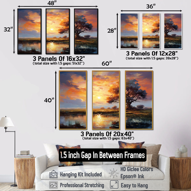 «Sunrise Autumn Country Panorama», ensemble d'art mural sur toile, Cadre flottant blanc, H 32 po x l 48 po x P 1 po