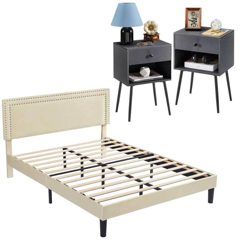 Ensemble de chambre avec lit plateforme 3 pièces Keyona, Gris / Crème, Complète
