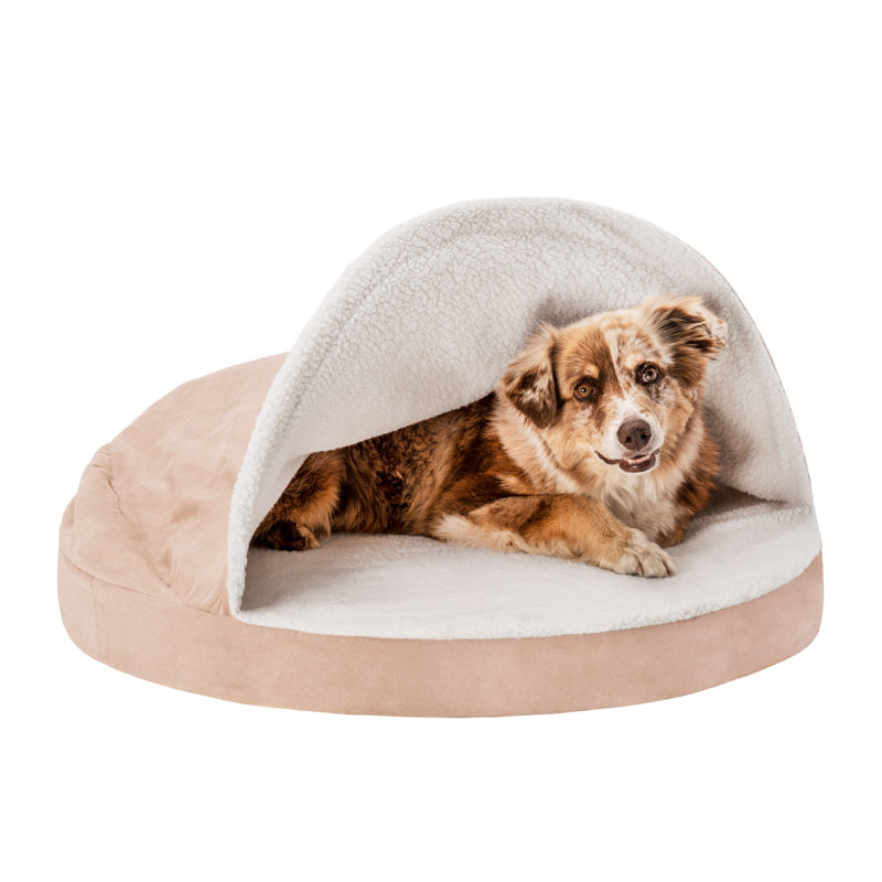 Large Cream Faux Sheepskin Orthopedic Hooded Dog Bed