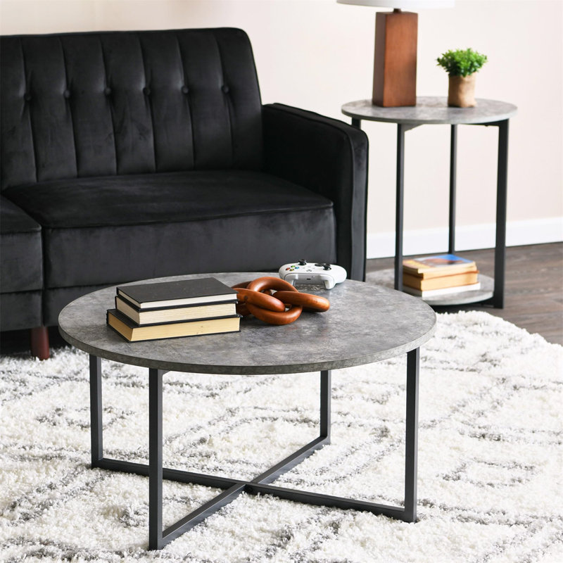 Table basse ronde moderne grise - 32 po de diamètre, pieds en X, plateau en stratifié lisse, Blanc
