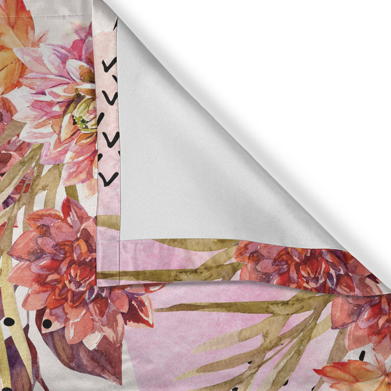Rustic curtain, autumn dahlia flowers, floral design, cinnabar red baby pink ruby