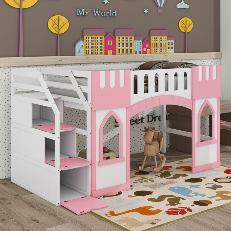 Twin Size Loft Bed With Window, Pink